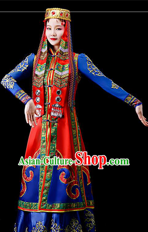 Chinese Ethnic Festival Performance Dress Outfits Mongol Nationality Wedding Bride Clothing Mongolian Minority Folk Dance Garment Costumes
