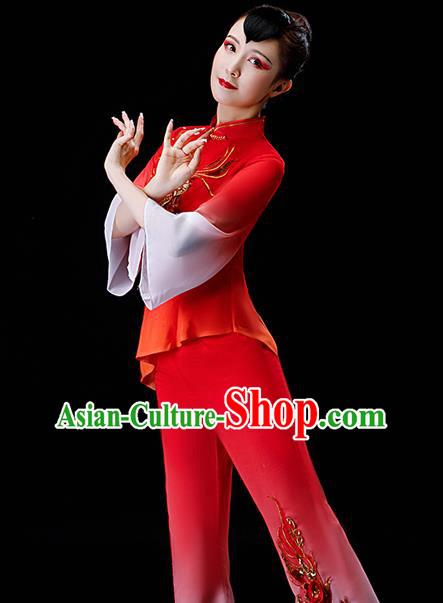 Chinese Traditional Drum Dance Garment Costumes New Year Yangko Dance Clothing Fan Dance Square Performance Apparels Folk Dance Red Chiffon Uniforms