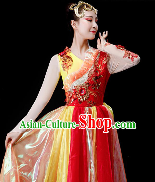 Professional Modern Dance Red Long Dress Opening Dance Garment Women Group Dance Fashion Chorus Performance Costume