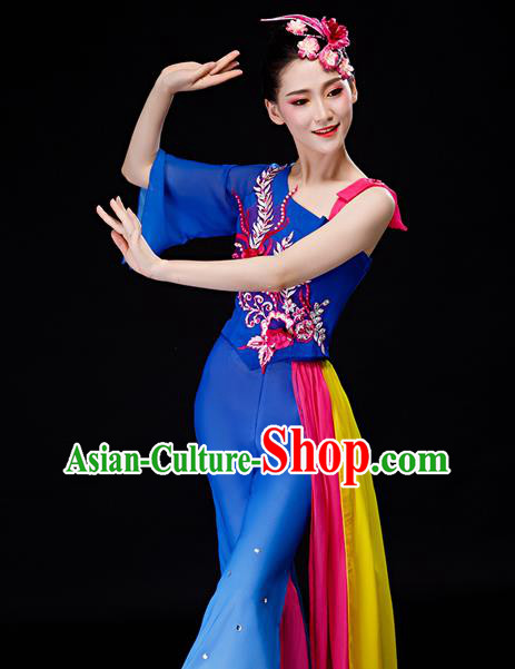 Chinese Folk Dance Royalblue Chiffon Uniforms Traditional Women Square Dance Garment Costumes Yangko Performance Clothing Fan Dance Apparels