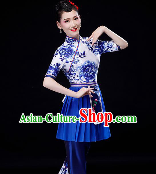Chinese Yangko Performance Clothing Fan Dance Apparels Folk Dance Printing Uniforms Traditional Country Women Square Dance Garment Costumes