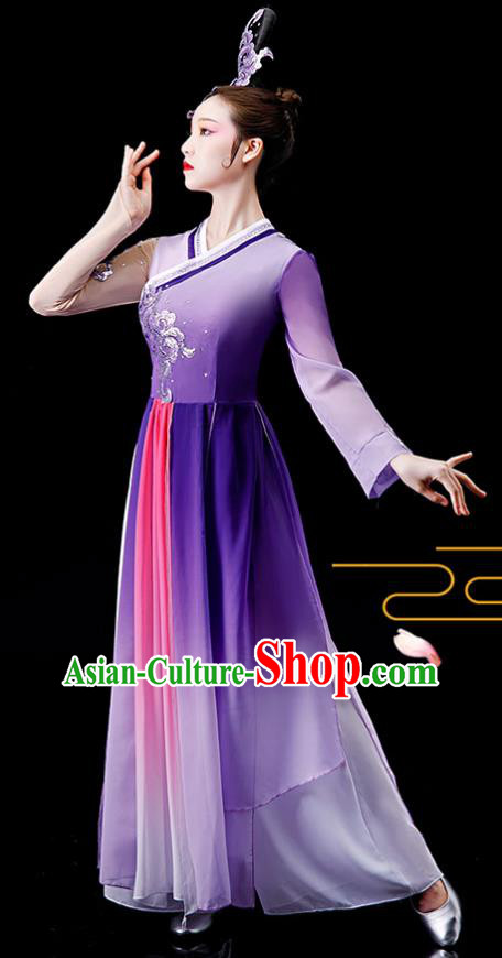 China Women Group Dance Clothing Stage Performance Fashion Uniforms Classical Dance Purple Dress Umbrella Dance Garment Costumes