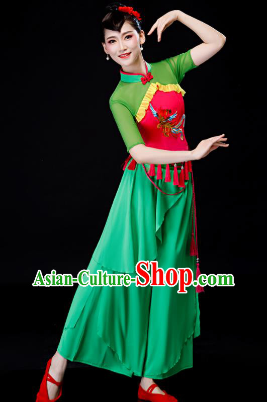 Chinese Fan Dance Apparels Folk Dance Green Uniforms Traditional Women Drum Dance Garment Costumes Yangko Performance Clothing