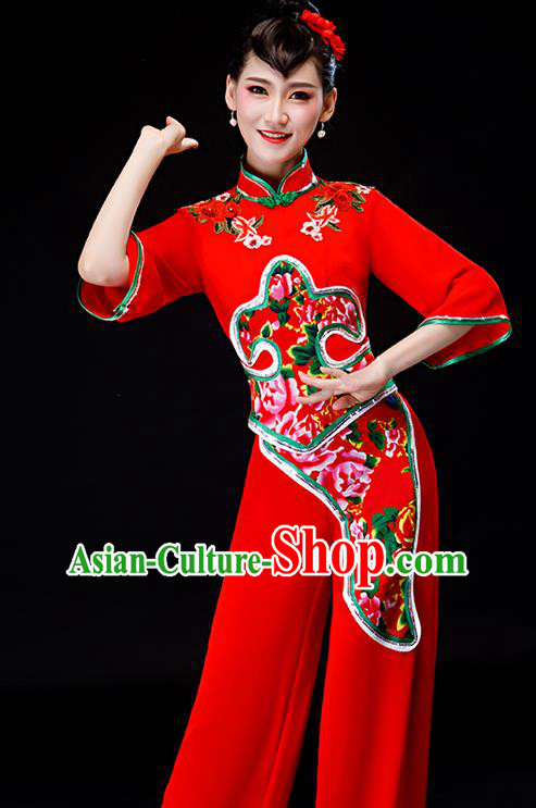 Chinese Yangko Performance Clothing New Year Fan Dance Apparels Folk Dance Red Uniforms Traditional Women Drum Dance Garment Costumes