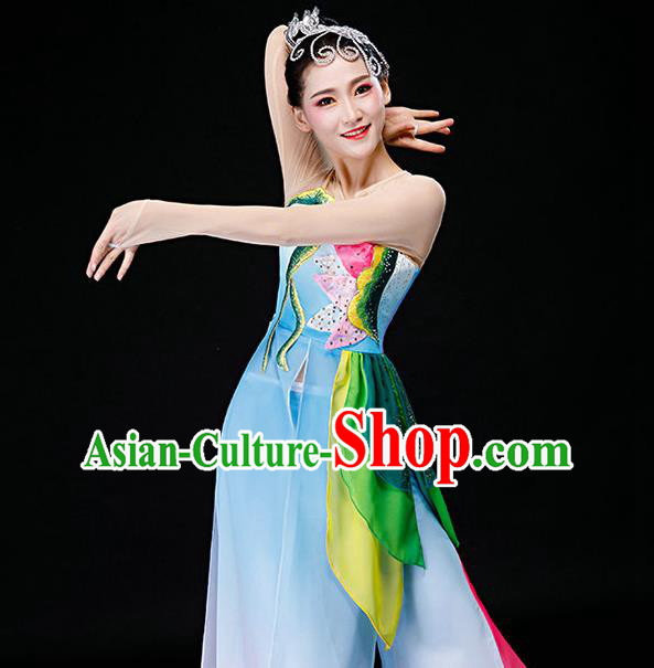 China Classical Dance Blue Dress Jasmine Flower Dance Garment Costumes Jiangnan Umbrella Dance Clothing Stage Performance Fashion Uniforms