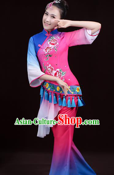 Chinese Traditional Waist Drum Dance Garment Costumes Yangko Performance Clothing Fan Dance Apparels Folk Dance Rosy Uniforms