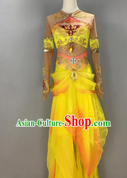 China Stage Performance Yellow Uniforms Classical Dance Fashion Dress Flying Fairy Dance Garment Costumes Thousands Hands Guanyin Clothing