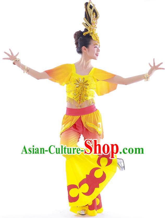 China Stage Performance Yellow Uniforms Classical Dance Dress Pipa Dance Garment Costumes Flying Goddess Dance Clothing and Headdress