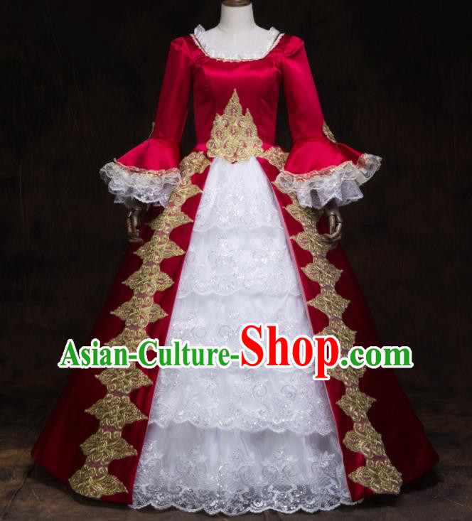 Top Western Renaissance Style Red Full Dress Christmas Garment Costume England Noble Woman Formal Attire European Drama Performance Clothing