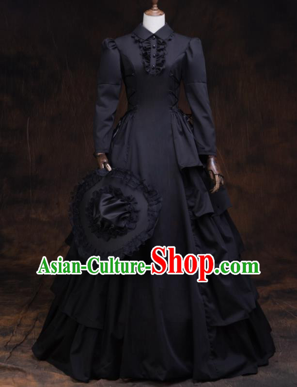 Top European Drama Performance Clothing Western Renaissance Style Black Full Dress Gothic Garment Costume England Noble Woman Formal Attire