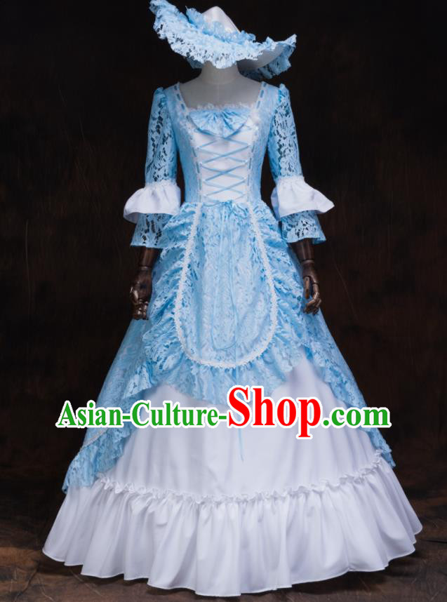 Top Halloween Garment Costume Gothic Maid Lady Formal Attire European Drama Performance Clothing Western Renaissance Style Blue Lace Full Dress