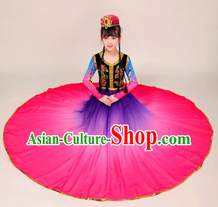 Chinese Xinjiang Ethnic Folk Dance Rosy Dress Outfits Uyghur Nationality Girl Dance Clothing Uighur Minority Children Performance Garment Costumes