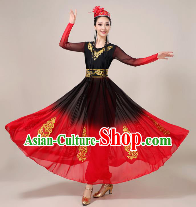 Chinese Uighur Minority Performance Garment Costumes Xinjiang Ethnic Female Red Dress Outfits Uyghur Nationality Folk Dance Clothing