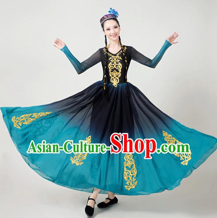 Chinese Xinjiang Ethnic Female Blue Dress Outfits Uyghur Nationality Folk Dance Clothing Uighur Minority Performance Garment Costumes