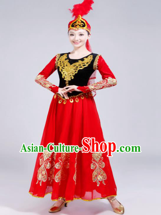 Chinese Uyghur Nationality Performance Clothing Spring Festival Gala Opening Dance Garment Costumes Xinjiang Ethnic Dance Red Dress Outfits