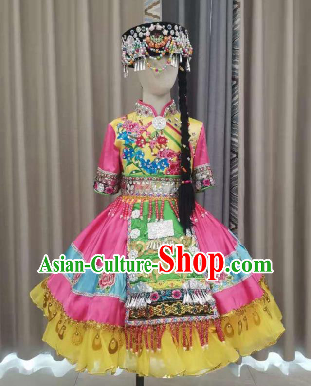 Chinese Qiang Nationality Children Performance Clothing Ethnic Folk Dance Garment Costumes Pumi Minority Dance Pink Dress Outfits and Headdress