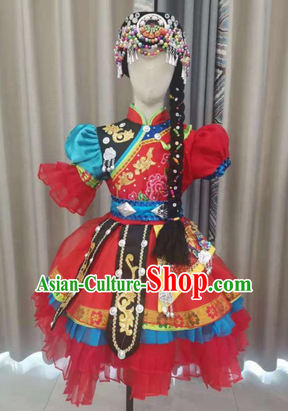 Chinese Qiang Nationality Children Performance Clothing Ethnic Folk Dance Garment Costumes Pumi Minority Dance Red Dress Outfits and Headpieces