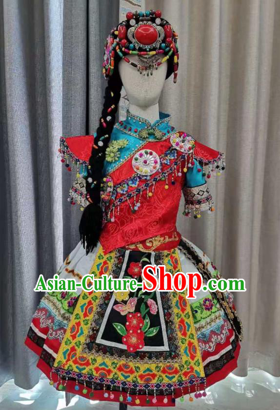 Chinese Ethnic Folk Dance Garment Costumes Lisu Minority Dance Red Dress Outfits Qiang Nationality Children Performance Clothing and Hat