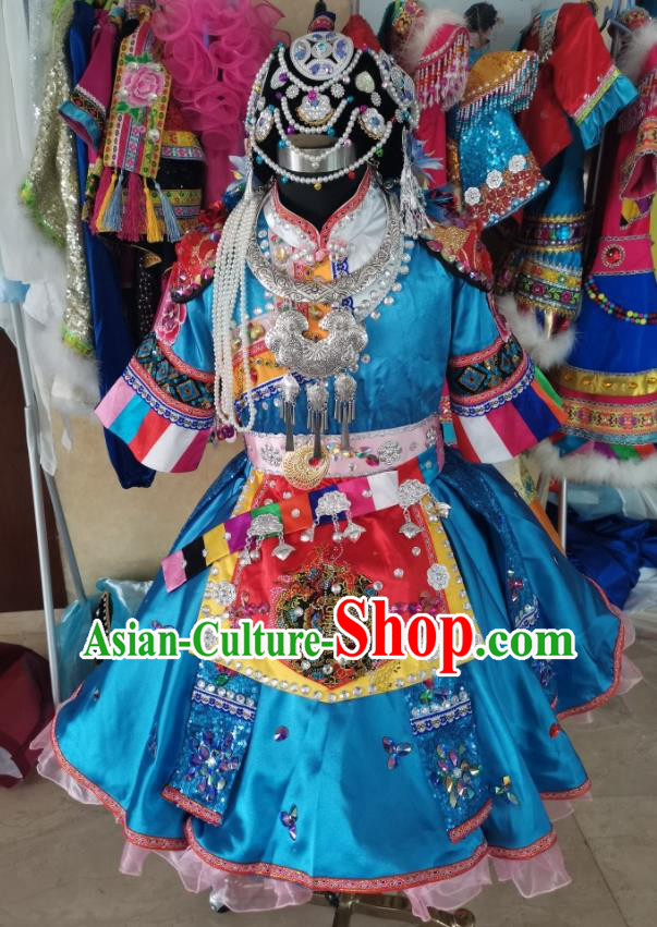 Chinese Pumi Nationality Children Performance Clothing Ethnic Folk Dance Garment Costumes Qiang Minority Dance Blue Dress Outfits and Pearls Hat