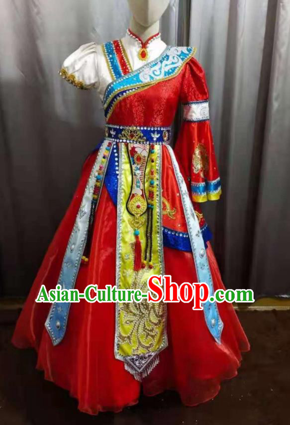 Chinese Tibetan Nationality Children Performance Clothing Ethnic Folk Dance Garment Costumes Zang Minority Dance Red Dress Outfits