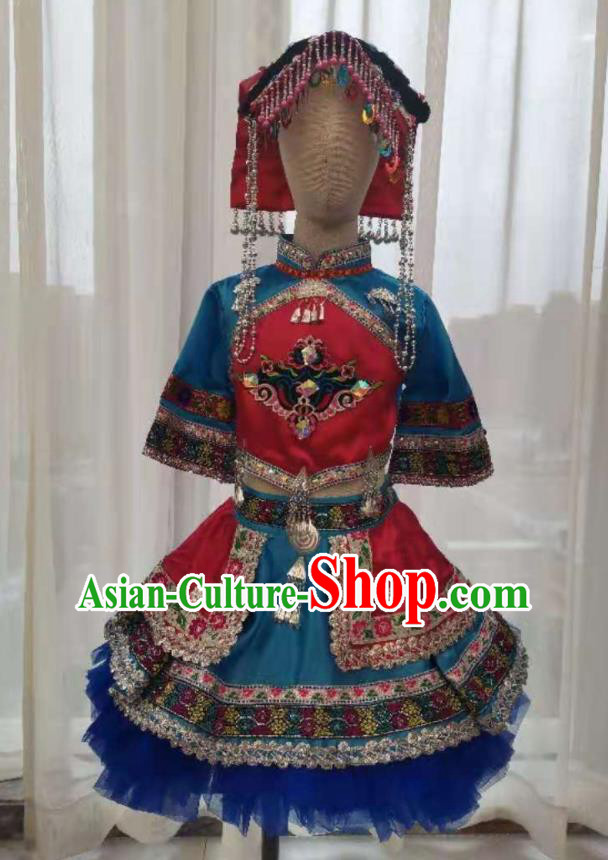Chinese Qiang Nationality Performance Clothing Ethnic Children Dance Garment Costumes Pumi Minority Girl Festival Blue Dress Outfits and Headpiece