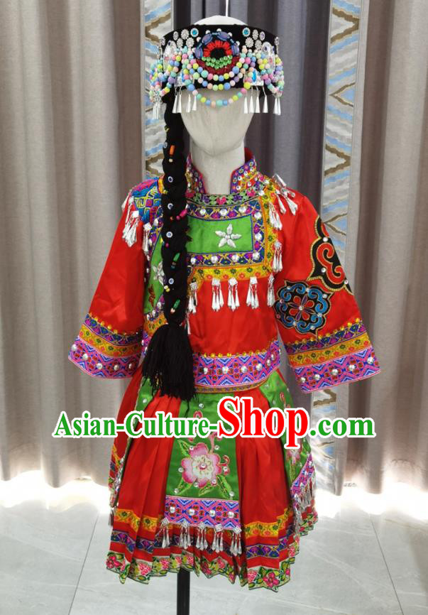 Chinese Pumi Nationality Performance Clothing Ethnic Children Dance Garment Costumes Lisu Minority Girl Festival Red Dress Outfits and Hat