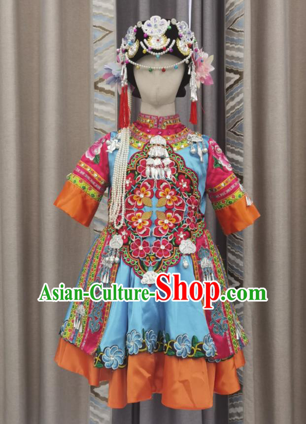Chinese Miao Nationality Performance Clothing Ethnic Children Dance Garment Costumes Qiang Minority Girl Festival Dress Outfits and Headwear