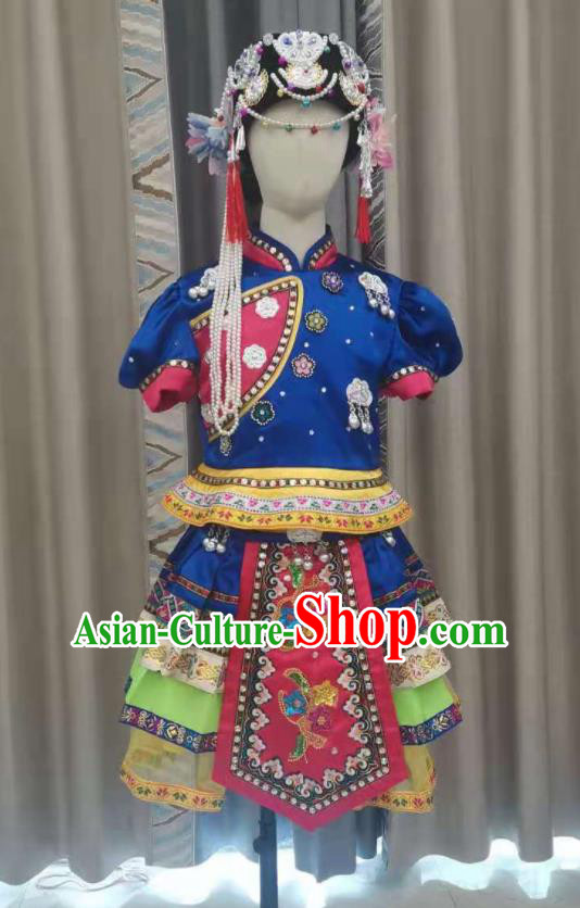 Chinese Yi Nationality Children Performance Clothing Ethnic Folk Dance Garment Costumes Pumi Minority Girl Festival Royalblue Dress Outfits and Hat