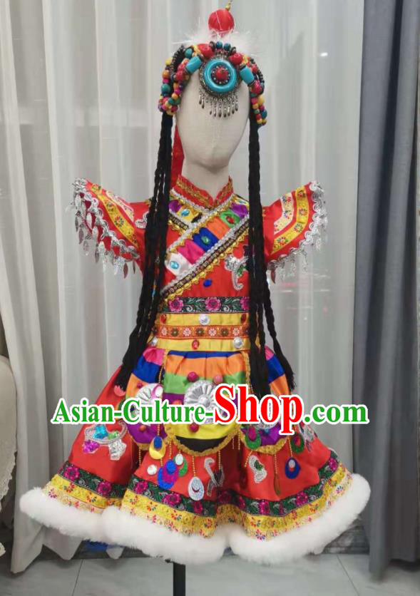 Chinese Zang Nationality Children Performance Clothing Ethnic Folk Dance Garment Costumes Tibetan Minority Girl Festival Red Dress Outfits and Headpieces