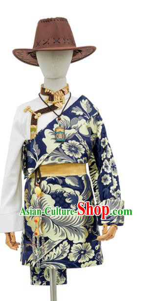 Chinese Traditional Blue Brocade Tibetan Robe Ethnic Boys Performance Costume Zang Nationality Kid Solo Clothing