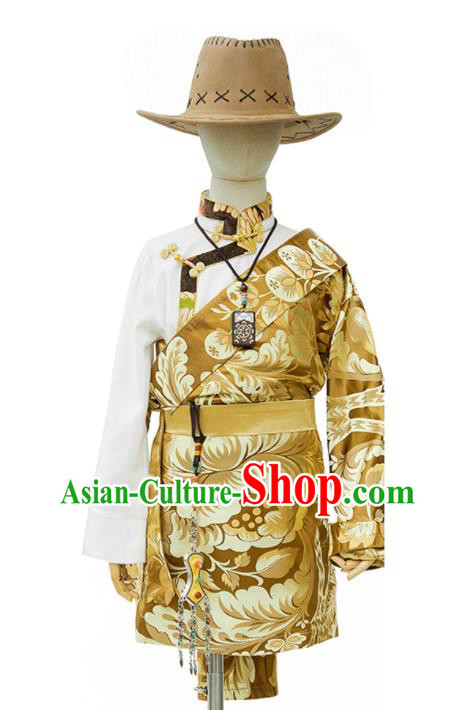 Chinese Zang Nationality Kid Solo Clothing Traditional Light Golden Brocade Tibetan Robe Ethnic Boys Performance Costume