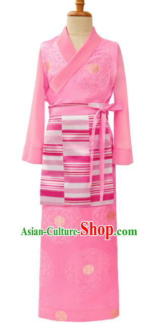 Chinese Tibetan Nationality Children Informal Clothing Ethnic Folk Dance Pink Brocade Dress Zang Minority Girl Garment Costume