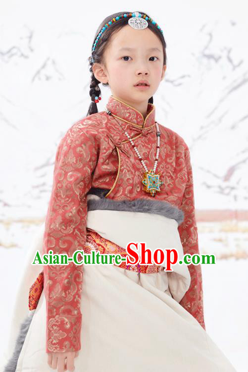 Chinese Ethnic Children Rust Red Brocade Shirt Zang Minority Girl Upper Outer Garment Tibetan Nationality Blouse Clothing
