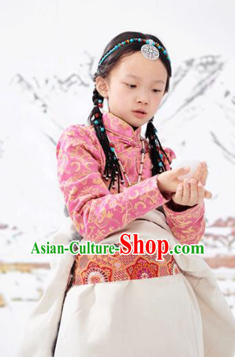 Chinese Tibetan Nationality Blouse Clothing Ethnic Children Pink Brocade Shirt Zang Minority Girl Upper Outer Garment