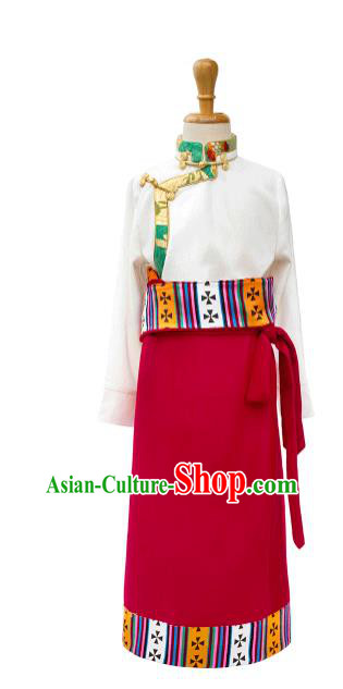 Chinese Zang Minority Performance Costumes Tibetan Nationality Girl Clothing Ethnic Children White Shirt and Red Skirt