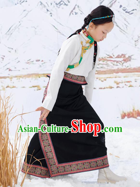 Chinese Zang Minority Festival Performance Costumes Tibetan Nationality Girl Clothing Ethnic Children White Blouse and Black Skirt