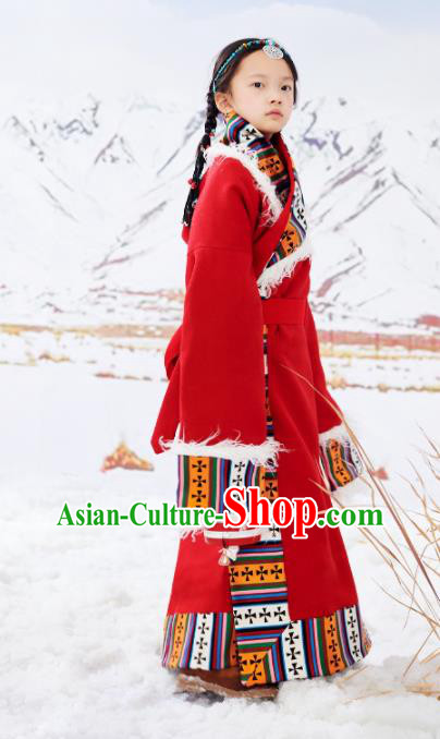 Chinese Traditional Children Red Woolen Tibetan Robe Xizang Ethnic Girl Clothing Zang Minority Festival Performance Costumes
