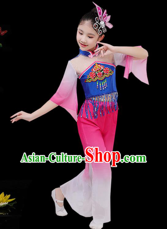 China Folk Dance Apparels Girl Fan Dance Garment Costumes Yangko Dance Clothing Stage Performance Pink Uniforms