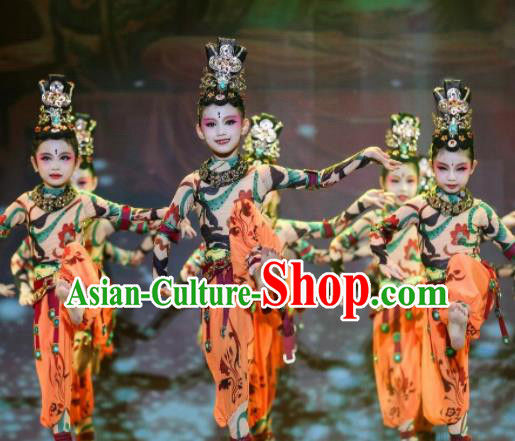 China Thousand Hands Goddess Dance Clothing Children Stage Performance Uniforms Classical Dance Apparels Girl Flying Dance Garment Costumes