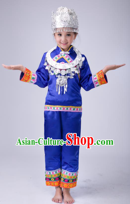 Chinese Tujia Minority Stage Performance Costumes Dong Nationality Folk Dance Royalblue Outfits Traditional Xiangxi Ethnic Girl Clothing