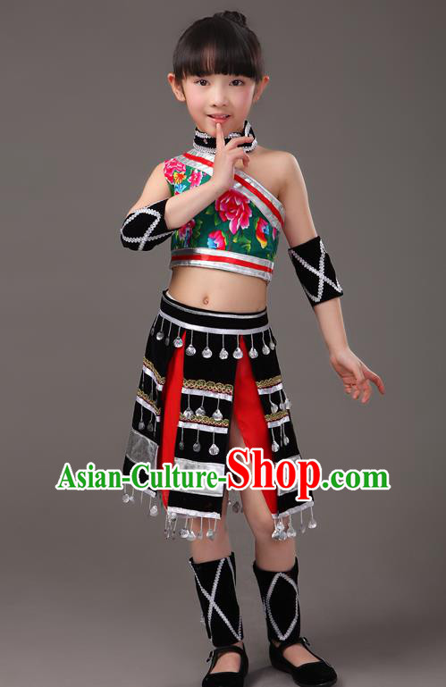Chinese Traditional Yunnan Ethnic Girl Clothing Va Minority Stage Performance Costumes Yao Nationality Folk Dance Black Skirt Outfits