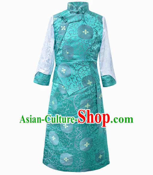 Chinese Ethnic Children Blue Brocade Dress Zang Minority Performance Costumes Tibetan Nationality Girl Bola Clothing
