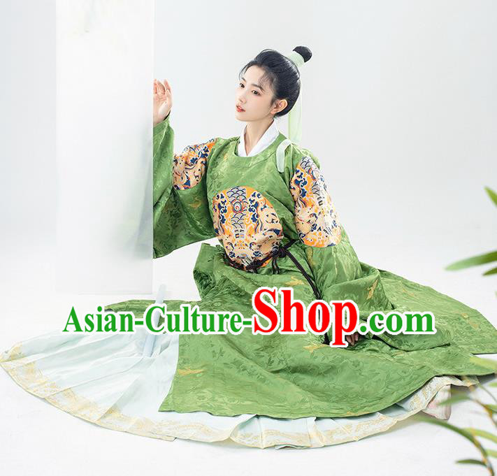 China Traditional Embroidered Green Brocade Round Collar Robe Ancient Swordsman Garment Costume Ming Dynasty Noble Childe Historical Clothing