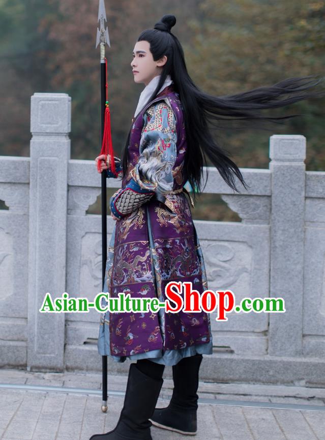 China Ancient Swordsman Garment Costume Ming Dynasty Imperial Guard Historical Clothing Traditional Hanfu Purple Brocade Vest