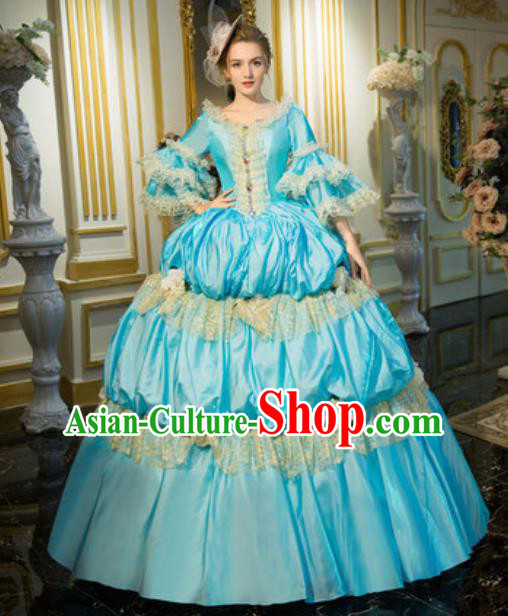 Top Christmas Garment Costume England Noble Lady Formal Attire European Royal Queen Clothing Western Drama Performance Light Blue Full Dress