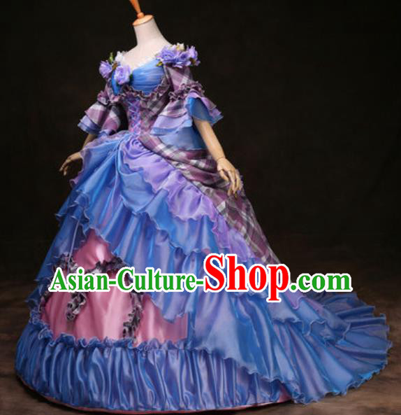 Top European Royal Princess Clothing Western Drama Performance Blue Trailing Full Dress Christmas Garment Costume England Court Formal Attire