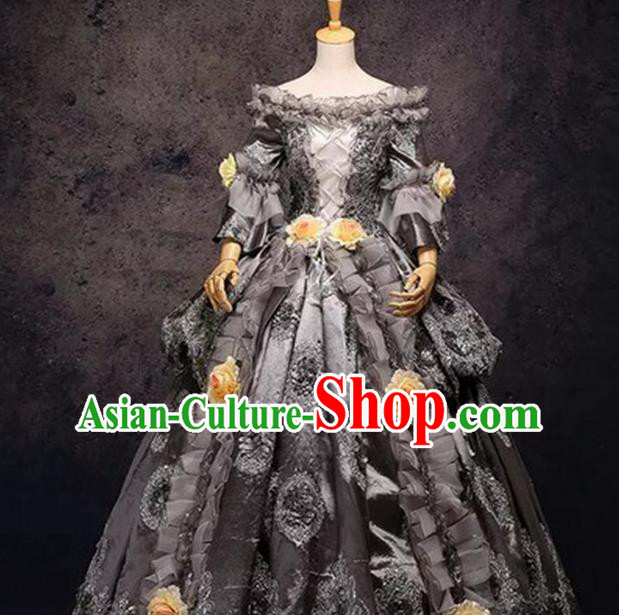 Top Western Drama Grey Lace Full Dress Christmas Ballroom Dance Garment Costume England Royal Princess Formal Attire European Court Queen Clothing