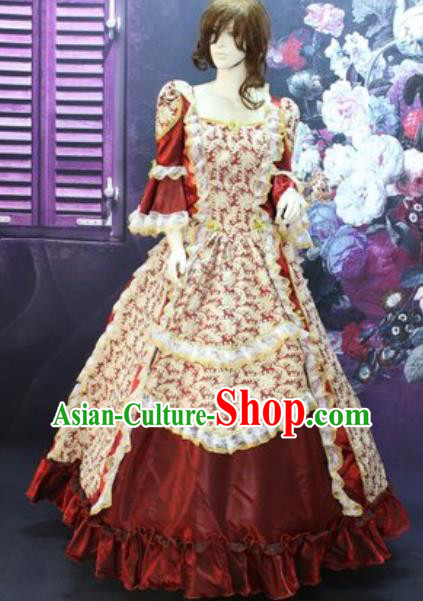 Top England Noble Woman Formal Attire European Maid Lady Clothing Western Drama Performance Wine Red Full Dress Christmas Garment Costume