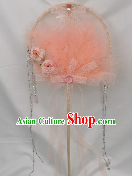 Chinese Classical Dance Fan Stage Show Pink Feather Fan Traditional Hanfu Palace Fan Handmade Princess Circular Fans