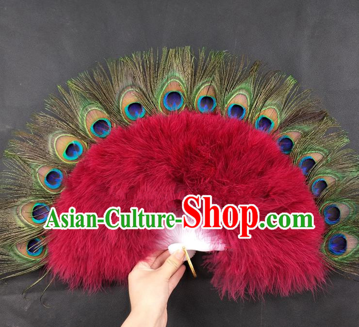 Handmade Stage Show Fan Belly Dance Wine Red Feather Fan Christmas Day Performance Fan Princess Peacock Feather Fan